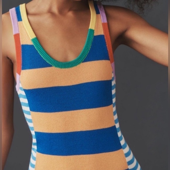 #20 NWT MOTHER Denim The Chin Ups Mini Dress in Navy Blue Stripe - Picture 2 of 5